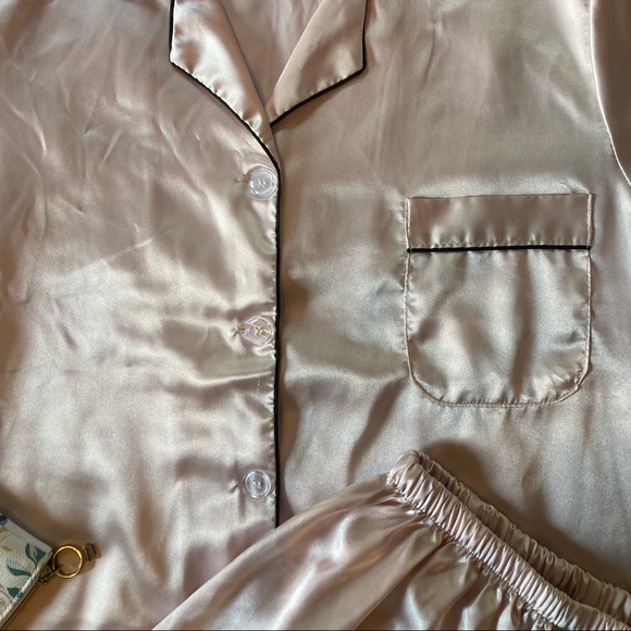 Light Pink Silky Smooth Pajamas with Black Piping, Button Down Top - Picture 2 of 8